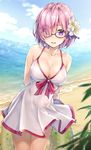  arm_behind_back bare_arms beach blush breasts bush cleavage cloud cloudy_sky collarbone cowboy_shot day dress eyebrows_visible_through_hair eyes_visible_through_hair fate/grand_order fate_(series) flower glasses hair_between_eyes hair_flower hair_ornament hair_over_one_eye hand_on_own_arm holding holding_arm holding_innertube innertube kotatsu_(kotatsu358) leaf mash_kyrielight medium_breasts ocean open_mouth outdoors pink_hair purple-framed_eyewear purple_eyes round_teeth short_hair sky sleeveless sleeveless_dress solo swimsuit_of_perpetual_summer teeth white_dress 