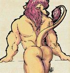  2013 anthro butt feline hair lion male mammal mibito muscular nude simple_background solo unknown_artist 