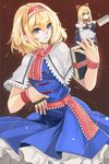  alice_margatroid apron ascot bangs blonde_hair blue_dress blue_eyes capelet doll dress frilled_ascot frills graphite_(medium) grim hairband lolita_hairband naga1047 sash shanghai_doll short_hair touhou traditional_media waist_apron 