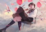  balloon bird black_hair black_legwear black_skirt chair closed_eyes cloud cloudy_sky commentary_request flying kneehighs long_hair long_sleeves neckerchief original pleated_skirt sailor_collar school_uniform serafuku sitting skirt sky solo sousou_(sousouworks) twintails 