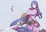  aosora_kamiya arrow bodysuit breasts covered_navel fate/grand_order fate_(series) gloves holding holding_sword holding_weapon large_breasts long_hair looking_at_viewer low-tied_long_hair minamoto_no_raikou_(fate/grand_order) purple_eyes purple_hair smile solo sword very_long_hair weapon 