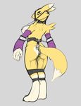  2017 anthro areola bdsm big_breasts black_sclera bondage bound breasts butt clothing collar cuffs_(disambiguation) digimon digital_media_(artwork) female fur gag gloves ivory-raven looking_at_viewer mammal nipple_piercing nipples nude piercing renamon sex_toy simple_background solo standing vibrator white_fur yellow_fur 