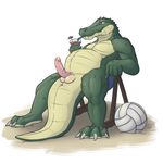  2016 4_toes absurd_res alligator anthro anus ball balls belly beverage claws crocodilian erection hi_res holding_cup humanoid_penis male mnty navel nude penis reptile scalie simple_background sitting slightly_chubby solo sport toe_claws toes uncut vein volleyball_(ball) white_background 
