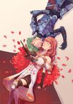  1girl alm_(fire_emblem) armor cape celica_(fire_emblem) closed_eyes fingerless_gloves fire_emblem fire_emblem_echoes:_mou_hitori_no_eiyuuou fire_emblem_gaiden flower gloves green_hair lunacerra petals red_hair romeo_and_juliet sword weapon 