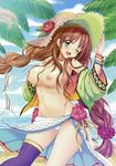  absurdres araiguma beach bikini braid breasts brown_hair day earrings flower green_eyes hat highres jewelry large_breasts long_hair navel nipples one_eye_closed open_clothes open_shirt original shirt smile solo swimsuit thighhighs twin_braids very_long_hair 