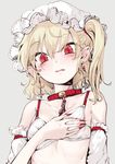  blonde_hair blush bra chain collar commentary_request cross cross_earrings detached_sleeves earrings fang fingernails flandre_scarlet geppewi hat highres jewelry looking_at_viewer mob_cap nail_polish pointy_ears red_collar red_eyes red_nails sharp_fingernails simple_background solo touhou underwear upper_body white_bra 