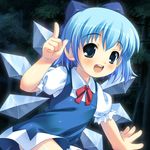  :d akiba_hideki blouse blue_bow blue_dress blue_eyes blue_hair blue_wings blush bow cirno dress eyebrows_visible_through_hair flat_chest hair_bow ice ice_wings index_finger_raised looking_at_viewer neck_ribbon open_mouth puffy_short_sleeves puffy_sleeves red_ribbon ribbon round_teeth short_hair short_sleeves smile solo teeth touhou upper_body white_blouse wing_collar wings 