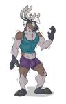  2016 absurd_res anthro antlers arm_tuft biceps body_hair brown_skin bulge cervine chest_hair chest_tuft clothing digital_media_(artwork) erect_nipples eyebrows full-length_portrait green_eyes grey_horn grey_skin growth hair hi_res hooves horn male mammal mnty mnty_(character) multicolored_skin muscle_growth nipples open_mouth pecs penis_outline pink_tongue portrait pose purple_bottomwear reindeer shirt simple_background snout solo standing tank_top teeth tight_clothing tongue transformation tuft white_hair white_skin 