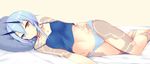  bangs barefoot bed_sheet blue_eyes blue_panties blue_shirt blush breasts closed_mouth commentary_request crop_top eyebrows_visible_through_hair hair_between_eyes hand_on_hip head_on_pillow heterochromia highres horns io_(pso2) legs_together light_blue_hair looking_at_viewer lying navel no_pants on_side orange_eyes panties phantasy_star phantasy_star_online_2 shirt short_hair simple_background small_breasts smile solo spaghetti_strap strap_slip sukage tattoo underwear 