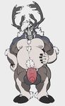  2017 5_fingers anthro antlers balls biceps biped black_balls black_hooves blue_fur cervine chest_tuft cloven_hooves digital_media_(artwork) elbow_tufts eyebrows foreskin front_view full-length_portrait fur green_eyes grey_background grey_fur grey_hair grey_horn grey_nipples hair half-erect hand_on_stomach hi_res hooves horn humanoid_penis male mammal mnty mnty_(character) multicolored_fur musclegut muscular muscular_male nipples nude open_mouth pecs penis pink_penis portrait quads reindeer simple_background solo standing teeth thick_penis tuft uncut vein veiny_muscles veiny_penis 