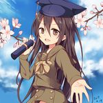  ai_cao black_hair blue_sky branch brown_eyes cherry_blossoms cloud cloudy_sky dated day diploma graduation green_serafuku green_skirt hat highres long_hair looking_at_viewer mortarboard open_mouth outdoors school_uniform serafuku shakugan_no_shana shana skirt sky solo tree_branch tube 