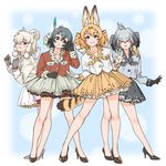  adapted_costume alpaca_ears alpaca_suri_(kemono_friends) alpaca_tail animal_ears bangs bird_tail black_eyes black_gloves black_hair blonde_hair bow commentary extra_ears eyebrows_visible_through_hair feathers full_body gloves gradient_hair green_eyes grey_gloves grey_hair grey_shirt grey_skirt hair_bow hair_feathers head_tilt high_heels highres horizontal_pupils kaban_(kemono_friends) kemono_friends large_bow leaning_forward legs legs_apart long_hair long_sleeves looking_at_viewer low_ponytail multicolored_hair multiple_girls parted_lips petticoat ponytail red_shirt serval_(kemono_friends) serval_ears serval_tail shirt shoebill_(kemono_friends) short_hair skirt smile suzushiro_(suzushiro333) tail white_gloves white_shirt white_skirt yellow_eyes yellow_skirt 