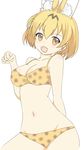  :d akari04 animal_ears bad_id bad_pixiv_id bikini blonde_hair cat cat_ears fang highres kemono_friends looking_at_viewer navel open_mouth orange_eyes paw_pose print_bikini self_upload serval_(kemono_friends) serval_ears short_hair simple_background smile solo swimsuit underwear underwear_only white_background 