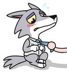  animal_crossing anthro blush bottomless canine chibi clothed clothing embarrassed fang_(animal_crossing) krixata male mammal necktie nintendo penis penis_tip shirt solo_focus video_games wolf 
