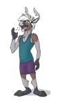  2016 absurd_res anthro antlers body_hair brown_skin cervine chest_hair chest_tuft clothing digital_media_(artwork) eating eyebrows eyes_closed full-length_portrait grey_horn grey_skin hair hi_res hooves horn male mammal mnty mnty_(character) multicolored_skin open_mouth pills pink_tongue portrait pose purple_bottomwear reindeer shirt simple_background snout solo standing tank_top teeth tongue tuft white_hair white_skin 