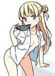  :&gt; arm_support ass black_panties blonde_hair blue_eyes blush bottomless breasts commentary_request eyebrows_visible_through_hair hair_bun hatsunatsu holding holding_panties leaning_forward long_hair looking_at_viewer mouth_hold naked_shirt no_bra open_clothes open_shirt original panties panties_in_mouth panties_removed shirt small_breasts solo underwear white_shirt 