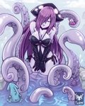  artist_name bare_shoulders black_gloves breasts cleavage crab elbow_gloves fish foxilumi gloves hair_over_one_eye kraken_(monster_girl_encyclopedia) large_breasts light_smile long_hair looking_at_viewer monster_girl monster_girl_encyclopedia pale_skin parted_lips partially_submerged purple_eyes purple_hair scylla solo squid suction_cups tentacles very_long_hair water 