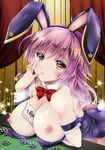  absurdres aizawa_hiroshi animal_ears arm_garter bangs bare_shoulders between_breasts blush bow bowtie breast_hold breasts brown_eyes bunny_ears bunny_girl bunny_tail bunnysuit card chips collarbone curtains detached_collar eyebrows_visible_through_hair fake_animal_ears fake_tail fingernails food frilled_cuffs frills hand_on_own_cheek hand_on_own_face hand_to_own_mouth hand_up highleg highleg_leotard highres indoors large_breasts leaning_forward leotard long_fingernails long_hair looking_at_viewer nipples open_mouth original purple_hair red_bow red_neckwear scan solo strapless strapless_leotard tail wrist_cuffs 