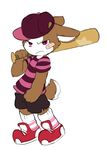  2017 ambiguous_gender angry anthro bandage baseball_bat baseball_cap brown_fur brown_nose clothed clothing digital_media_(artwork) fist fully_clothed fur hat holding_object kemono lagomorph legwear looking_at_viewer mammal multicolored_fur oob pink_eyes rabbit shirt shorts simple_background sneakers socks solo standing two_tone_fur white_background white_fur young 