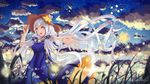  artist_name breasts collarbone eyebrows_visible_through_hair hat highres large_breasts long_hair night night_sky open_mouth orange_eyes quad_tails silver_hair sky smile solo star_(sky) starry_sky stellated_octahedron straw_hat teeth very_long_hair vocaloid xingchen zhu_xiao_tian_crazy 