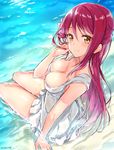  adjusting_hair bangs bare_shoulders beach breasts cleavage dress flower hair_between_eyes hair_flower hair_ornament half_updo hand_in_hair long_hair looking_at_viewer love_live! love_live!_sunshine!! medium_breasts partially_submerged red_hair sahara_(charlotte) sakurauchi_riko sitting smile solo sundress twitter_username water yellow_eyes 