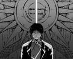  black_eyes coat door fullmetal_alchemist greyscale looking_at_viewer male_focus mattsu monochrome roy_mustang serious solo standing uniform 