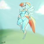  anthro anthrofied blue_feathers blue_fur bodysuit breasts clothing equine eyewear feathered_wings feathers female friendship_is_magic fur goggles hair hi_res looking_at_viewer mammal multicolored_hair my_little_pony nipple_bulge pegasus rainbow_dash_(mlp) rainbow_hair skinsuit solo tight_clothing tsudamaku wide_hips wings wonderbolts_(mlp) 