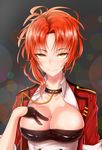  bad_id bad_pixiv_id benghuai_xueyuan black_background breasts bubble_background diaoxian_kuangmo gloves hand_on_own_chest jacket large_breasts looking_at_viewer murata_himeko open_clothes open_jacket red_hair smile yellow_eyes 
