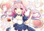  animal_ears argyle argyle_background bangs blue_dress blush breasts bunny bunny_ears commentary_request cup dress eyebrows_visible_through_hair floating_hair frills holding holding_cup long_hair looking_at_viewer maid maid_headdress medium_breasts open_mouth original pink_hair puffy_short_sleeves puffy_sleeves red_eyes short_sleeves smile solo suzuki_moeko tareme teacup teapot teeth upper_body 