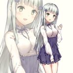 :d bangs blouse blue_skirt blunt_bangs blush commentary_request covered_navel cowboy_shot eyebrows_visible_through_hair girls_frontline green_eyes hair_ornament hand_up high-waist_skirt hk416_(girls_frontline) long_hair long_sleeves looking_at_viewer nather open_mouth pleated_skirt silver_hair skirt smile solo waving white_blouse zoom_layer 