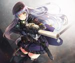  assault_rifle bangs beret black_legwear black_skirt blunt_bangs blush commentary deeple eotech eyebrows_visible_through_hair facial_mark girls_frontline green_eyes gun hair_ornament hat heckler_&amp;_koch hk416 hk416_(girls_frontline) holding holding_gun holding_weapon holster jacket load_bearing_vest long_hair military military_uniform parted_lips pleated_skirt rifle sidelocks silver_hair skirt solo suppressor teardrop thigh_holster thighhighs uniform weapon 