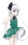  black_hairband blue_eyes giving green_skirt green_vest hairband highres holding holding_panties konpaku_youmu konpaku_youmu_(ghost) looking_at_viewer outstretched_arm outstretched_hand panties panties_removed ribbon shirt short_hair silver_hair skirt skirt_lift solo touhou trg-_(sain) underwear vest white_panties white_shirt 