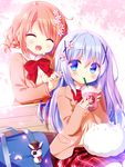  :&gt; :d animal animal_on_lap bag blazer blue_eyes blue_hair blush bow bowtie braid bunny cherry_blossoms closed_eyes commentary_request drinking drinking_straw eyebrows_visible_through_hair eyepatch facing_another flower gochuumon_wa_usagi_desu_ka? hair_between_eyes hair_flower hair_ornament hat highres hoto_cocoa jacket kafuu_chino light_brown_hair long_hair looking_back multiple_girls open_mouth outdoors petals plaid plaid_skirt pocket red_skirt sasai_saji school_bag school_uniform shirt sitting skirt sleeves_past_wrists smile tippy_(gochiusa) top_hat white_shirt x_hair_ornament 