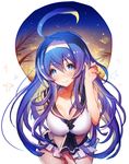  ahoge bare_shoulders blue_eyes blue_hair blush breasts cleavage collarbone dusk hairband large_breasts midriff orie_(under_night_in-birth) oro_(sumakaita) skirt solo tank_top under_night_in-birth 