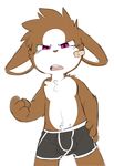  2017 4_fingers anthro bandage boxer_briefs brown_fur bulge chest_tuft clothed clothing digital_media_(artwork) ears_down fist fur hair hand_on_hip lagomorph looking-at_viewer male mammal oob open_mouth pink_eyes pubes rabbit short_hair simple_background solo standing topless tuft underwear white_background white_fur young 