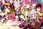  animal_ear_fluff animal_ears backpack bag blue_hair brown_hair crown fangs fox_ears grin hair_ribbon halo hat hatsuse_ino hatsuse_izuna headband highres jibril_(no_game_no_life) kamiya_yuu multicolored multicolored_eyes multicolored_hair multiple_boys multiple_girls no_game_no_life novel_illustration official_art pink_hair plum_(no_game_no_life) red_eyes ribbon shiro_(no_game_no_life) shoes smile sora_(no_game_no_life) stephanie_dora white_hair yellow_eyes 