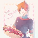  animal_ears apple basket black_gloves blue_eyes bow cat_ears catboy copyright_name food fruit gloves grey_background happy_valentine head_tilt lamento looking_at_viewer male_focus nekokan_masshigura nitro+_chiral orange_hair shirt signature simple_background smile solo t-shirt tokino_(lamento) upper_body valentine 