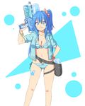  bare_legs belt bikini bikini_under_clothes blue_eyes blue_hair breasts cleavage collarbone commentary_request cowboy_shot hair_ornament hand_on_hip hand_up highres holding holding_weapon holster hood hood_down hoodie inuno_rakugaki leg_tattoo long_hair looking_at_viewer medium_breasts navel original over_shoulder scrunchie short_sleeves side-tie_bikini side-tie_bottom side_ponytail smile solo standing star stomach striped striped_bikini super_soaker swimsuit tattoo thigh_holster water_gun weapon weapon_over_shoulder wrist_scrunchie 