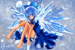  barefoot blue_bow blue_eyes blue_hair blue_wings blush bow cirno closed_mouth dark_skin derivative_work eyebrows_visible_through_hair hair_bow ice ice_wings looking_at_viewer short_hair snowflakes solo touhou wings zhu_xiao_tian_crazy 
