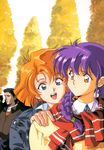  2girls blue_eyes braid hand_on_another's_shoulder highres long_hair long_sleeves multiple_girls open_mouth orange_eyes orange_hair original outdoors purple_hair round_teeth scarf short_hair teeth twin_braids upper_body urushihara_satoshi 