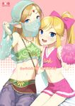  alternate_costume blonde_hair blue_eyes bow cheerleader cover cover_page crossdressing detached_sleeves doujin_cover dual_persona gerudo_link hair_bow link looking_at_viewer meimone midriff multiple_boys navel otoko_no_ko pointy_ears pom_poms ponytail skirt smile the_legend_of_zelda the_legend_of_zelda:_breath_of_the_wild the_legend_of_zelda:_tri_force_heroes toon_link veil 
