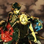  automail behind_another black_background black_hair black_pants black_shirt blonde_hair braid clenched_hand coat edward_elric electricity energy fighting_stance fullmetal_alchemist gloves grin looking_at_viewer lowres male_focus mattsu multiple_boys outstretched_arm pants red_eyes roy_mustang serious shirt simple_background smile uniform yellow_eyes 