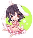  :d animal animal_ears animal_on_head barefoot black_hair blush bunny bunny_ears bunny_tail carrot carrot_necklace character_name chibi dress eyebrows_visible_through_hair frilled_dress frills full_body hand_on_own_cheek inaba_tewi looking_at_viewer on_head open_mouth pink_dress puffy_short_sleeves puffy_sleeves red_eyes ribbon-trimmed_clothes ribbon_trim short_sleeves simple_background smile solo tail touhou yukimiya_(parupunta) 