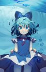  :t air_bubble bangs bare_arms bloomers blue_bow blue_dress blue_eyes blue_hair bow bubble cirno closed_mouth commentary_request cowboy_shot dress dress_lift hair_bow highres ice ice_wings lifted_by_self looking_at_viewer misoni_comi short_hair short_sleeves solo touhou underwater underwear wings 
