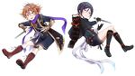  aina123 armor black_gloves black_hair black_legwear boots brown_eyes brown_hair cross-laced_footwear fang full_body gloves gotou_toushirou highres japanese_armor kiwame_(touken_ranbu) kote lace-up_boots male_focus military military_uniform multicolored_hair multiple_boys necktie open_mouth purple_eyes scarf shorts shoulder_armor smile sode streaked_hair tantou thighhighs touken_ranbu transparent_background uniform weapon yagen_toushirou 