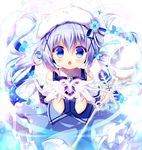  :o adapted_costume animal_hat bare_arms blue_eyes blue_hair blue_skirt blue_vest blush bunny_hat chestnut_mouth commentary_request eyebrows_visible_through_hair gloves gochuumon_wa_usagi_desu_ka? hair_between_eyes hair_ornament hat heart kafuu_chino layered_skirt long_hair looking_at_viewer magical_girl open_mouth rabbit_house_uniform ribbon sasai_saji shirt skirt sleeveless solo sparkle spoon staff twintails vest white_gloves white_shirt x_hair_ornament 