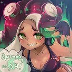  1girl :d bare_shoulders blush breasts cephalopod_eyes cleavage collarbone conomi-c5 countdown crop_top dark_skin fang fingerless_gloves gloves gradient_hair green_eyes green_hair green_nails half-closed_eyes headphones iida_(splatoon) leaning_forward looking_at_viewer medium_breasts mole mole_under_mouth multicolored_hair nail_polish octarian open_mouth partially_unzipped pink_pupils pose purple_hair shorts smile speech_bubble splatoon_(series) splatoon_2 suction_cups symbol-shaped_pupils teeth tentacle_hair twitter_username two-tone_hair upper_body zipper zipper_pull_tab 