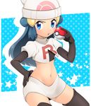  alternate_costume ameiro_pk beanie black_gloves blue_eyes blue_hair cosplay cowboy_shot crop_top elbow_gloves gloves hand_on_hip hat hikari_(pokemon) holding holding_poke_ball long_hair midriff miniskirt musashi_(pokemon) musashi_(pokemon)_(cosplay) navel open_mouth poke_ball poke_ball_(generic) pokemon pokemon_(anime) pokemon_dp_(anime) polka_dot polka_dot_background skirt solo team_rocket_uniform thighhighs white_hat 