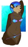  2017 bikini blue_hair brown_fur clothing female fur green_eyes hair looking_at_viewer mammal mustelid os otter panties panties_down pubes pussy solo swimsuit underwear 