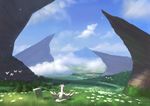  bad_pixiv_id bird cloud cloudy_sky day dragon field flower fog highres landscape looking_afar mountain no_humans original scenery sky tombstone valley wasabi60 wyvern 